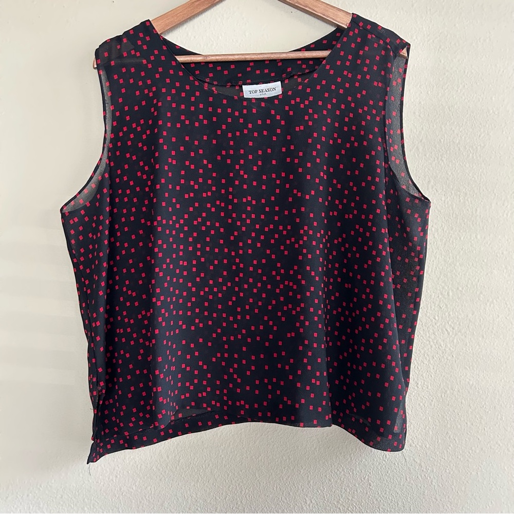 Vintage Top Season Black Red Geometric Sleeveless Shear Blouse XL Y2K Retro